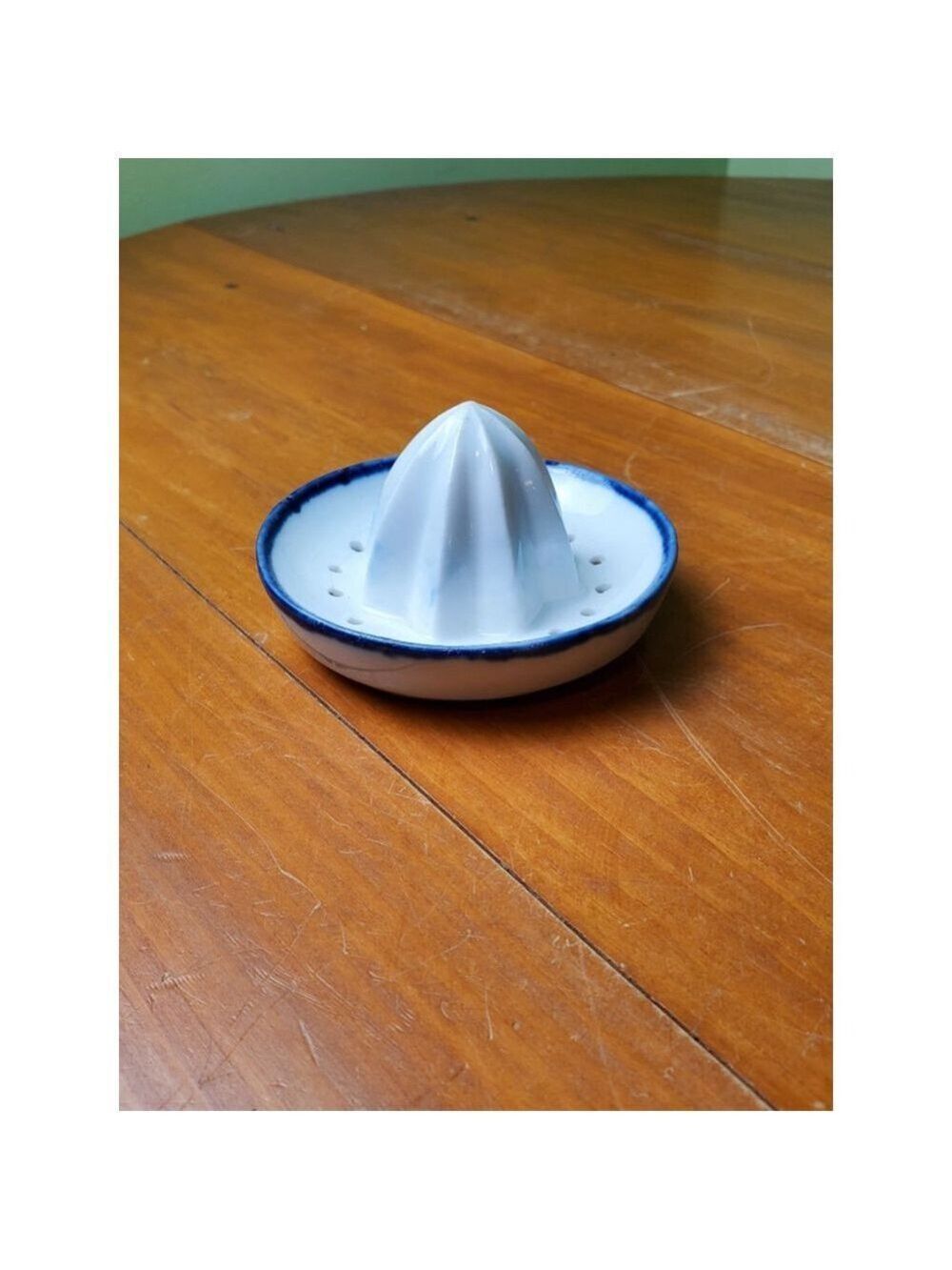 Vintage Porcelain Citrus Juicer White with Blue Edge - Picture 2 of 4